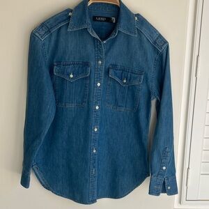 LAUREN Ralph Lauren Indigo Denim Shirt Classic Pockets and Epaulettes Size SP